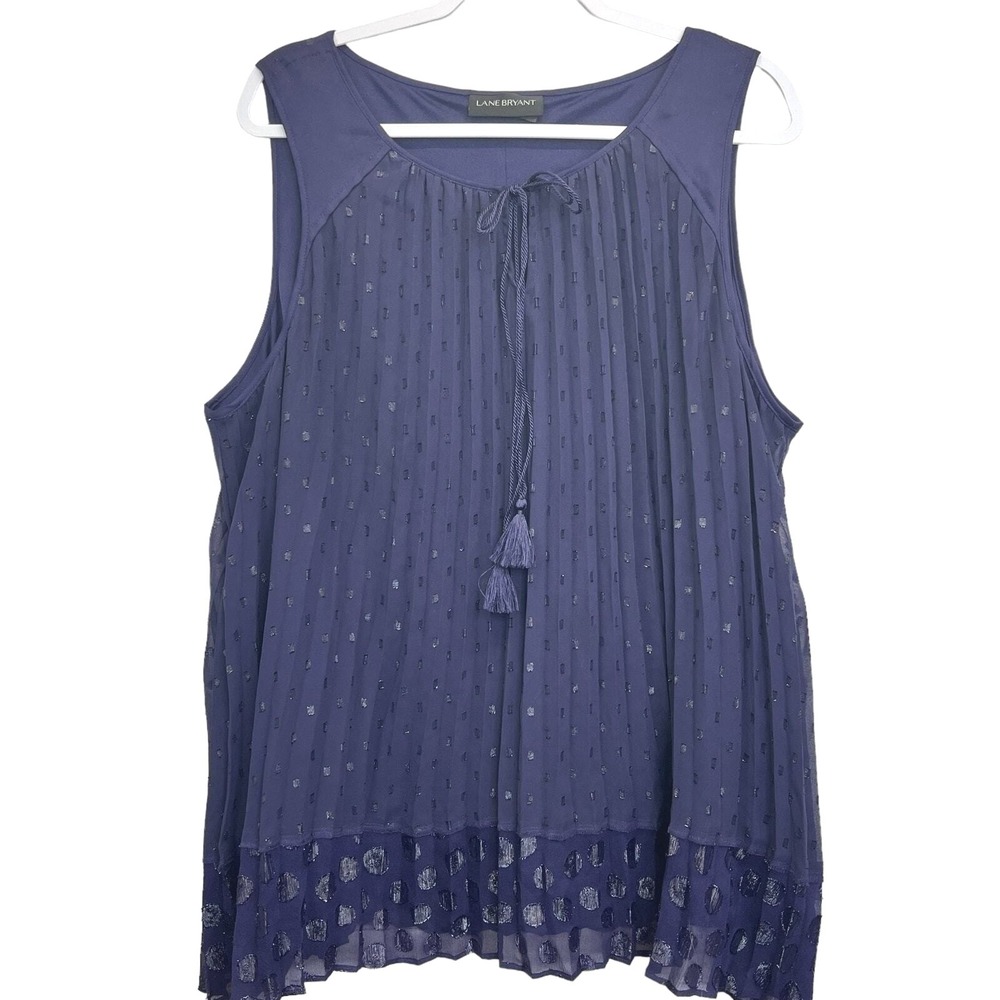Lane Bryant Pleated Tank Top Navy Blue Metallic Dot Tassel Tie Blouse Size 24 - Picture 11 of 11